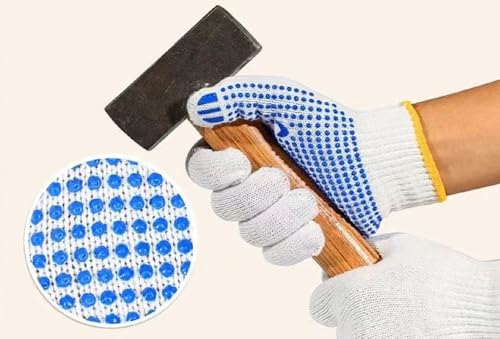 Safety Work Gloves with Anti-slip Dots 12 Pairs White Polyester Knitted Gloves for Garage Warehouse Industrial Gardening - color: Blue