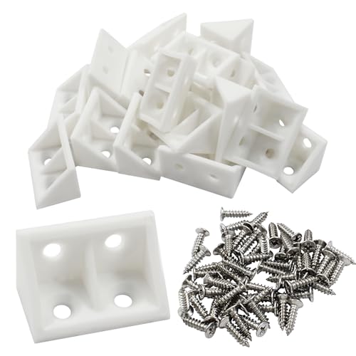 20 Pcs 0.7" White Right Angle Bracket with Screws Plastic L Brackets, 90 Degree Corner Brace Corner Support for Wood Shelf Chair Cabinet Box - style: with Screws