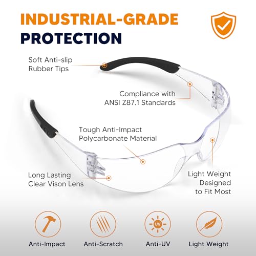 Clear Safety Glasses 24PK, Protective Eyewear Polycarbonate Lens with Rubber Temples ANSI Z87.1 Anti-Scratch Impact Resistant Eye Protection for Work, Lab, Construction Clear Lens/Black Frame - color: 24pack Clear Lens/Black Frame