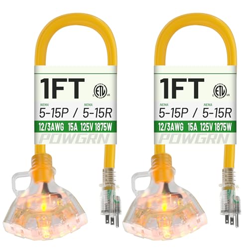 POWGRN 1 FT 2 Pack 12/3 Gauge Extension Cord with Multiple Outlets Outdoor, 3 Outlet Extension Cord Heavy Duty Yellow with Lighted, Tri-Tap Power Cable, 12AWG 15Amp 1875Watts 125Volts SJTW, ETL Listed - size: 1FT-2pc, style: 3 Outlet