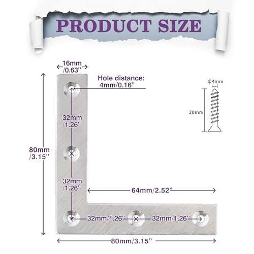 Alise L Flat Brackets,Corner Bracket Corner Brace Mending Plate Repair 80mm x 80mm Stainless Steel Flat Braces for Wood Tables, Chairs, Sofas, Beds, Cabinets, Doors and Windows,Brushed,Pack of 10 - size: 80x80mm(10Pcs), style: Brushed