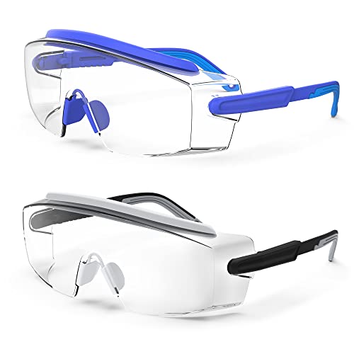 Anti Fog Safety Glasses Safety Goggles Over Glasses Protective Glasses with Anti Scratch Lenses Adjustable - color: 2 Pack (Blue + Grey)