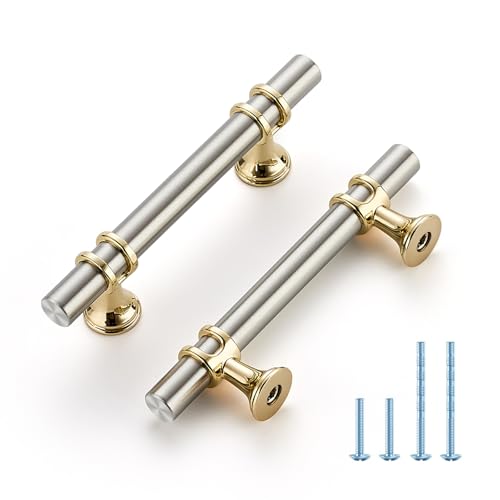 HOME EDIT Brushed Nickel and Brushed Brass Cabinet Handles, 3 Inch Hole Center Modern T-Bar Drawer Pulls, Decorative Hardware for Cabinets, Dressers, and Drawers, 10 Pack - color: Brushed Brass and Brushed Nickel, size: 3 Inch Hole Center