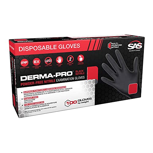 SAS Safety 66543 Derma-Pro Powder-Free Black Nitrile Disposable Glove, Large, 4 mil Thick, Black (Pack of 100)