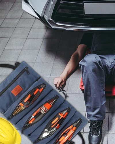 Roll Up Tool Bag, 16OZ Canvas Wrench Roll Up Pouch Multi-Purpose Tool Roll Organize, 5 Zippered Tool Pockets (Blue) - color: Blue, size: 5 Zipper Pockets