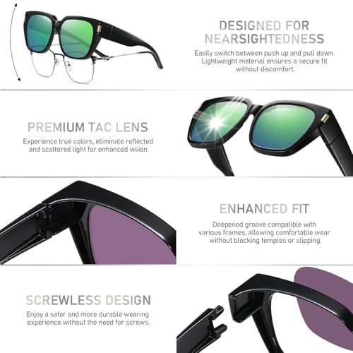 HAOLOTA Polarized Fit Over Glasses Sunglasses for Women Men Trendy Square Wrap Around Shades UV Protection - color: L Size 19 Black/Green
