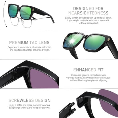 HAOLOTA Polarized Fit Over Glasses Sunglasses for Women Men Trendy Square Wrap Around Shades UV Protection - color: L Size 19 Black/Green