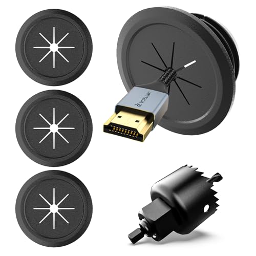 VCELINK TV Cord Hider for Wall Mounted TV — 4-Pack 2.36" (60 mm) Mini Black Cable Management Grommets with 1 Hole Saw Drill Bit — Push-Through Wall Pass-Throughs for Mounted TVs, Desks, and Speakers - color: Black