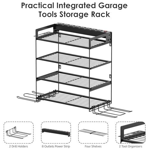 CCCEI Garage Tools Storage with Charging Station. Power Tool Battery Organizer Utility Shelf with Power Strip. 4 Drills Holder Wall Mount Rack, Black 4 Layer. - size: Small, style: 4 Layer