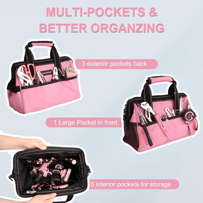 COMOWARE 13-Inch Tool Bag, Pink Soft Storage Bags with Inside Pockets, Wide Mouth Pink Tool Tote Bag - color: Pink
