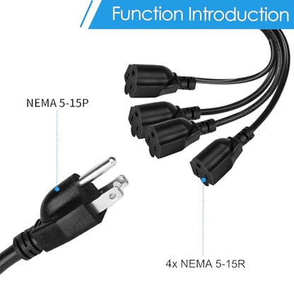 3 Prong 1 to 4 Outlet Power Cord Splitter Cord, 1.6FT 16AWG 10A/1250W, NEMA 5-15P to 3X NEMA 5-15R Y Style 3-Outlet Extension Cord for Home, Room, Office (Black) - style: 1 to 4 Power Cable (19.68in)