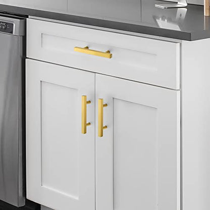 10 Pack Brushed Brass Cabinet Handles with 3 Inch (76 mm) Hole Center, Square Kitchen Hardware for Cabinets & Drawers, Stainless Steel Pulls, 5 Inch Overall Length - color: Brushed Brass Square T-Shaped, size: 3" Hole Center