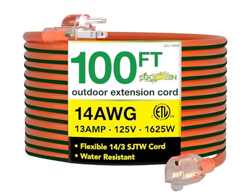 Go Green Power Inc. 14/3 100ft Lighted Outdoor Extension Cord - Durable, Heavy Duty - Perfect for Outdoor Tools & Equipment - GG-13800 - color: Orange, size: 100 ft, style: 14/3