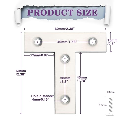 Alise T Flat Brackets,Corner Bracket Corner Brace Mending Plate Repair 60mm x 60mm Stainless Steel Flat Braces for Wood Tables, Chairs, Sofas, Beds, Cabinets, Doors and Windows,Brushed,Pack of 8 - size: 60x60mm, style: Brushed