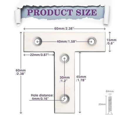 Alise T Flat Brackets,Corner Bracket Corner Brace Mending Plate Repair 60mm x 60mm Stainless Steel Flat Braces for Wood Tables, Chairs, Sofas, Beds, Cabinets, Doors and Windows,Brushed,Pack of 8 - size: 60x60mm, style: Brushed