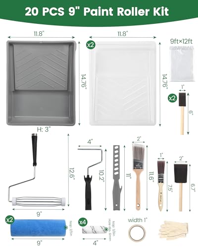 VOOMEY Paint Roller Kit 9 Inch, 20piece Painting Tool Kits, Paint Roller Brush Set with 4" & 9" Microfiber Roller Covers, Paint Tray with Liners, House Painting Supplies for Interior Exterior DIY - style: 20pcs paint roller kit