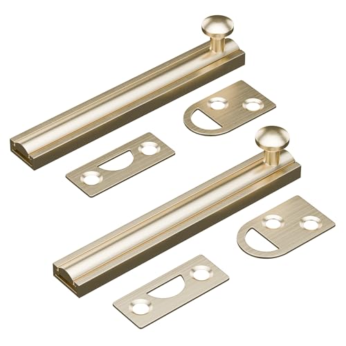 4 Inch Solid Brass Surface Bolt, Heavy Duty Concealed Slide Surface Door Bolt, Slide Bolt Latch French Door Lock with Screws for Windows Cabinet Wooden Fence Yard, Brushed Gold, 2 Pack - color: Brushed Gold-2 Pack, size: 4 Inch