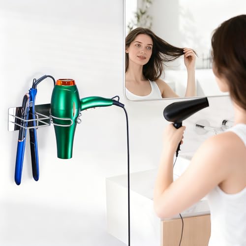 Hair Dryer and Straightener Holder Wall Mounted, Self Adhesive Blow Dryer and Flat Iron Storage Hair Tool Organizer for Bathroom Vanity (Silver) - color: Silver