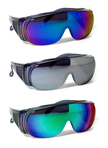 Calabria Fit Over Safety Glasses | Polarized Sunglasses Over Glasses | Wrap Around Anti-Fog | Scratch Resistant | Unisex - color: Blue/Green/Silver (3 Pack)