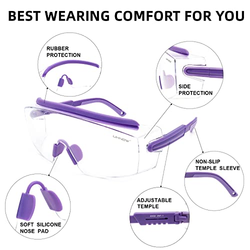 UKNOW Safety Goggles Over Glasses, Anti Fog Safety Glasses with Clear Wraparound Lens, ANSI Z87.1 Protective Eyewear - color: Lavender