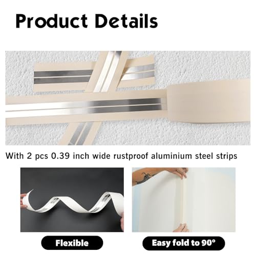 ROLLINGDOG Reinforced Drywall Corner Tape, 2" x 98.4' Drywall Tape No Adhesive Side, Inside Outside Corner Bead with Metal for Wall Crack Repair - style: Reinforced Drywall Corner Tape