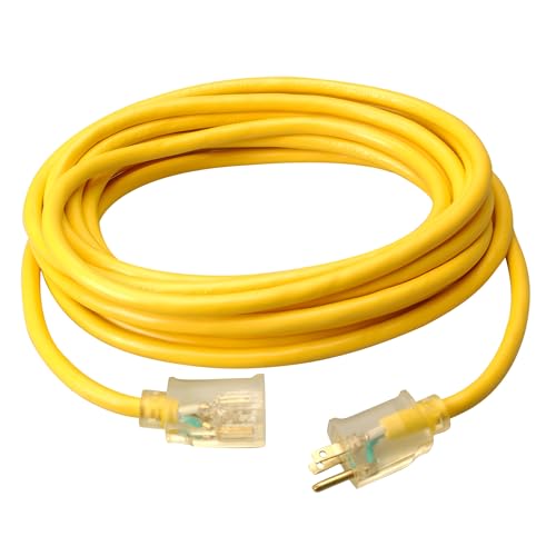 Southwire Heavy Duty Extension Cord, 25Ft, 12 Gauge, 3 Conductor, High Visibility Outdoor Cord, Lighted End, SJTW, Yellow, 25878802