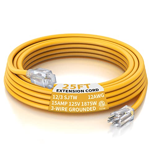 PLUGTUL 12 Gauge Extension Cord 25 Ft, Heavy Duty Outdoor Extension Cord Waterproof Lighted End SJTW, 3 Prong Grounded Plug for Safety, 15A 1875W, ETL Listed, Great for Garden and Home, Yellow - size: 25FT
