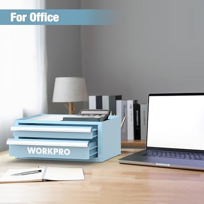 WORKPRO 12.5" Mini Tool Box with 2 Drawers & 1 Open Top Storage, Small Metal Tool Chest with PVC Liners & PP Feet Pads, Cold Rolled Steel Toolbox with Drawer Liners & Magnetic Tabs - color: Macaron Blue