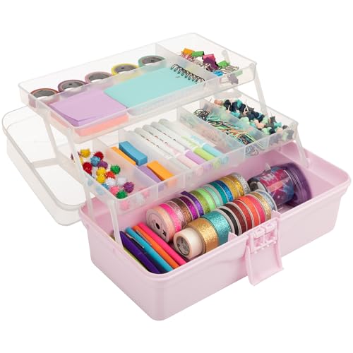 14” Plastic Tackle Box Organizer - 3-Layer Portable Sewing Box, Art Caddy, Craft Storage, First Aid Medicine Utility Toolbox or Hair Accessories Organizer with Latch and Handle by Stalwart (Pink) - color: Pink, size: 14.17" X 7.87" X 6.3"