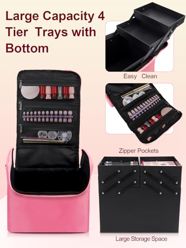 Deciniee Large Pink Makeup Nail Polish Organizer Bag, 4 Tier Professional Makeup Case, Waterproof Nylon, Travel/On-the-go Makeup Storage - color: Pink Regular