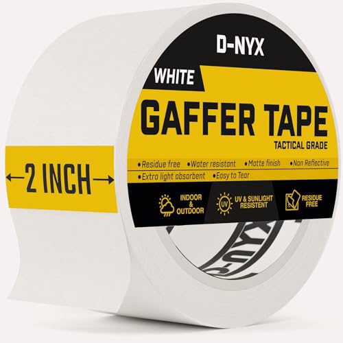 D-NYX Gaffer Tape 1.88 Inch 1 Pack White Gaff Tape No Residue, Heavy Duty Gaffers Tape, Multipurpose Real Professional Grade White Gaffer Tape, Matte Finish, Non-Reflective, Waterproof - color: White, size: 1.88 inch