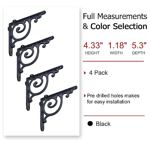 NACH Decorative Shelf Brackets, 4 Pack of 5.3 x 4.3 x 1.2 inch, Antique Metal Shelf Brackets - Shelf Support Bracket for Wall - Victorian Shelf Bracket