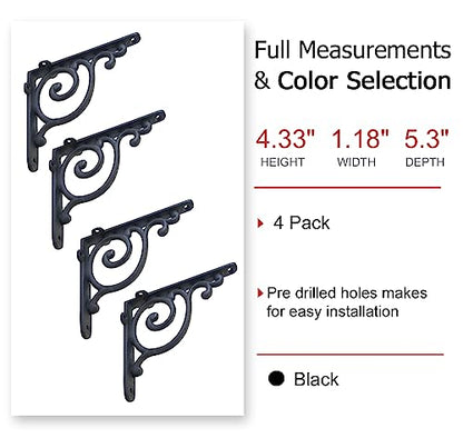NACH Decorative Shelf Brackets, 4 Pack of 5.3 x 4.3 x 1.2 inch, Antique Metal Shelf Brackets - Shelf Support Bracket for Wall - Victorian Shelf Bracket