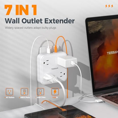 TESSAN Multi Plug Outlet Extender, Surge Protector Splitter with 3 USB (1 USB C Port) Wall Charger, Multiple Expander for Travel, Home, College Dorm Room, White - style: 1 USB C (White)