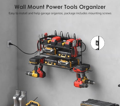 CCCEI Garage Tools Storage with Charging Station. Power Tool Battery Organizer Utility Shelf with Power Strip. 4 Drills Holder Wall Mount Rack, Black 3 Layer. - size: Small, style: 3 Layer