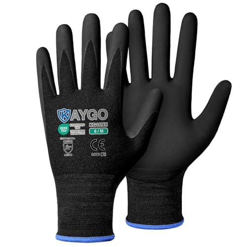 KAYGO Safety Work Gloves MicroFoam Nitrile Coated, 3 Pairs KG18NB,Seamless Knit Nylon Glove with full fingers Touchscreen, Ideal for Automotive,Warehouse,Construction (M, Black) - color: Black, size: Medium