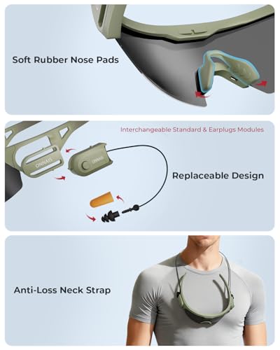 ONNAIS Shooting Glasses with Earplugs - ANSI Z87.1+ Safety Glasses with Detachable NRR 32dB Earplugs, Gifts for Men and Women - color: Military Green