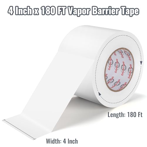 2 Rolls - 4 Inch x 180 FT Vapor Barrier Tape, White Polyethylene Tape, Heavy Duty Vapor Barrier Waterproofing for Repair, Crawl Spaces, Moisture Barriers, Insulation & Underlayment Seams - size: 4 Inch x 180 FT - 2 Rolls
