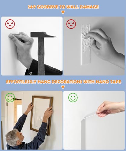 2 Rolls Double Sided Tape Heavy Duty - 240" x 1.0" & 0.5" - Removable Mounting Tape for Poster Picture Hanging Carpet Strip Rug Wall Outdoor - Clear & Strong Nano Tape Adhesive Multipurpose - 20 Feet