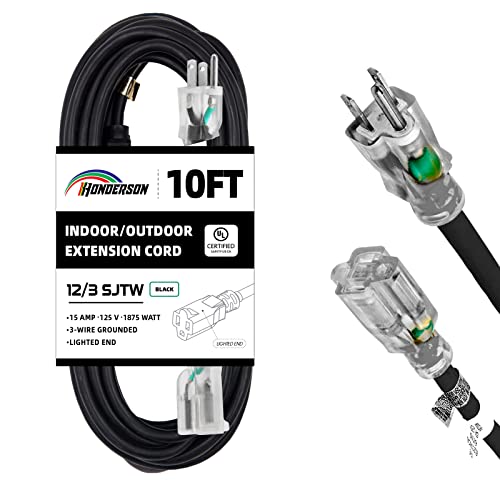 Indoor Outdoor Extension Cord Weatherproof with Lighted End, UL Listed, 12 Gauge 10FT Black 3 Prong Heavy Duty, 12/3 SJTW 15A Power Cord for Outdoor Lights, Lawn - size: 10FT, style: 12/3