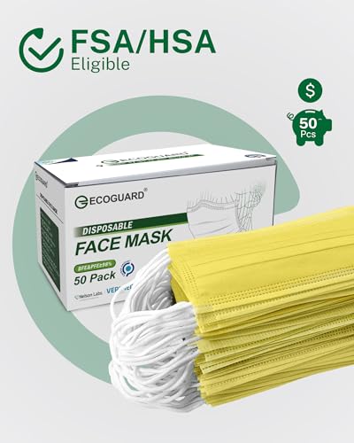 Disposable Face Masks Made in USA, 4 Ply for Families, Students, Breathable All-Day Wear & Safety, FSA HSA Eligible, ASTM Level 3 Medical Grade, 50 Pack, Bright Yellow - color: Bright Yellow, size: 50 Pack, style: Resealable Bag