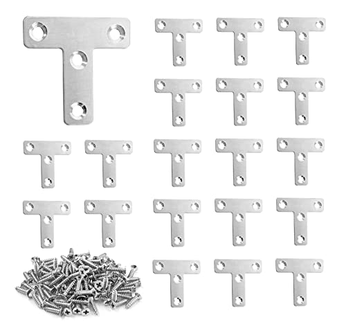 Uenhoy 20 Pcs T Shape Flat Mending Plates 50mm x 50mm (2" x 2") T Corner Braces T Bracket Connector Fixing Repair Plates for Furniture, Silver - size: 50x50mm/2"x2", style: T Shape