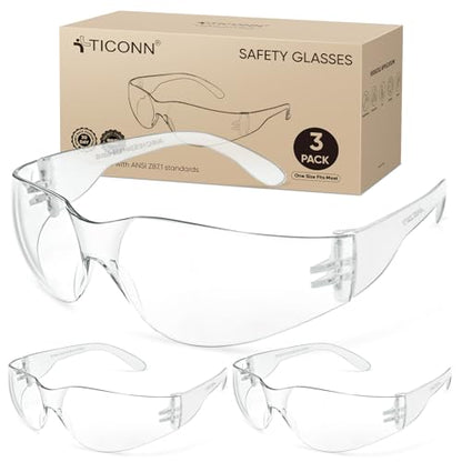 TICONN Clear Safety Glasses for Men and Women, Safety Goggles with Scratch Impact Resistant Meets ANSI Z87.1 Standard - style: 3 Pairs