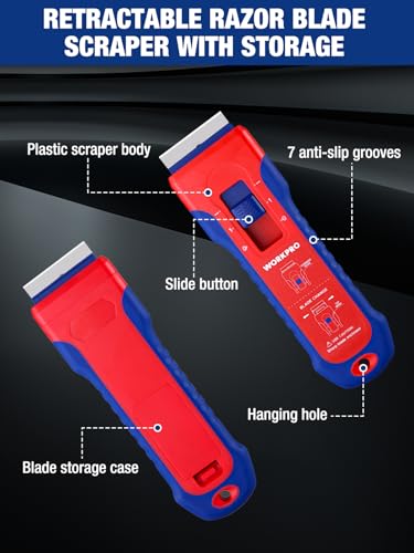 WORKPRO Retractable Razor Blade Scraper with 56 Blades, Built-in Storage Cleaning Scraper Tool for Paint Stickers Adhesive Glass Ceramic Wood