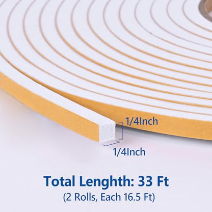 Kikerike Self Adhesive Foam Tape Weatherstrip 1/4In x 1/4In x 33Ft High Density Foam Insulation Strips Seal Weather Stripping with Strong Adhesive for Door and Window Sound Isolation Soundproofing - size: 1/4in X 1/4in X 33ft