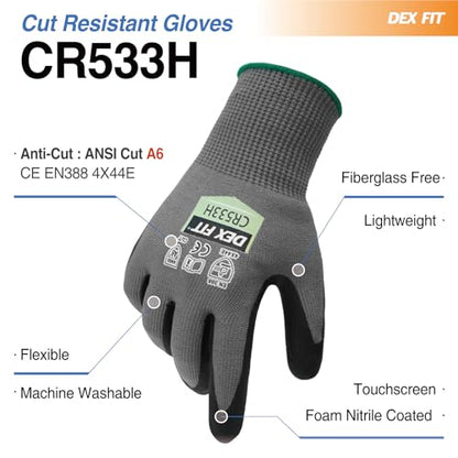 DEX FIT Level A6 Fiberglass Free Cut Resistant Gloves CR533H, 3D Comfort Fit, No Itch, Firm Grip, Soft & Durable, Touch-screen Compatible, Dexterity, Machine Washable; Gray L (9) 1 Pair