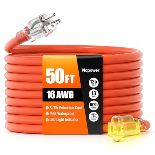 50 FT Outdoor Extension Cord Waterproof, 16/3 Gauge Heavy Duty 3 Prong Power Cord with Lighted Indicator End, 13A 125V 1625W SJTW, ETL Listed, Great for Lawn/Garden/Home(Orange) - color: Orange, size: 50 FT