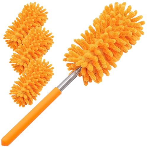 Microfiber Duster for Cleaning, Tukuos Hand Washable Dusters with 4pcs Replaceable Microfiber Heads, Extendable Pole, Detachable Cleaning Supplies for Office, Car, Window, Furniture, Ceiling Fan - color: Orange, size: 4 Attachments