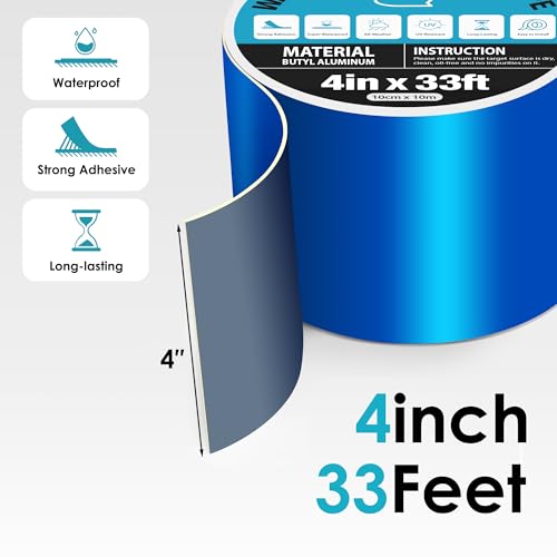 RV Roof Tape Blue 4" x 33ft, Upgraded Butyl Sealant Tape Heavy Duty Joist Tape for Decking, Waterproof Tape for Metal Roof Patch, Pool Cover & Window Leak Sealing, Boat Repair - size: 4in x 33ft