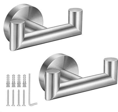 Towel Hooks for Bathrooms,Brushed Nickel Towel Hook for Kitchen Bathroom,SUS304 Stainless Steel Coat Hook,Heavy Duty Double Holder Robe Hooks for Hanging Towels,Coats,Sponges,Clothes,Wall Mount,2 Pack - color: Brushed Nickel, size: 2 Pack